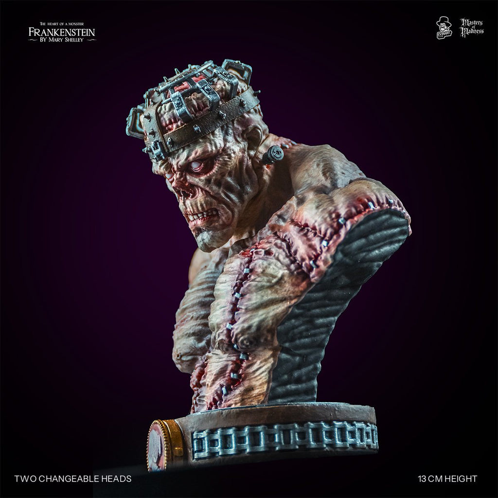 Frankenstein Creature bust, cage head, three-quarter left view with stitched shoulder and cameo base