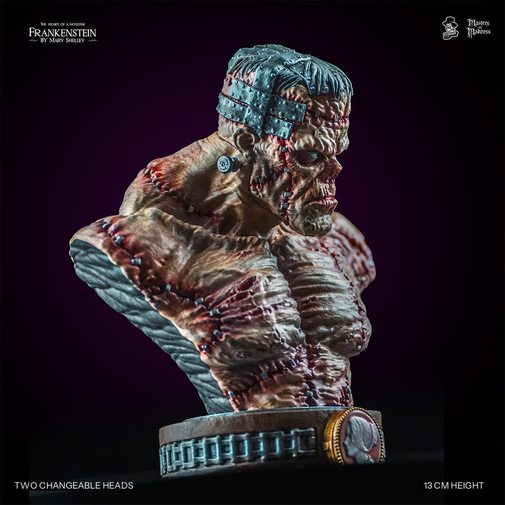 Frankenstein Creature bust, grey-haired head, three-quarter right view with cameo on chain-banded base