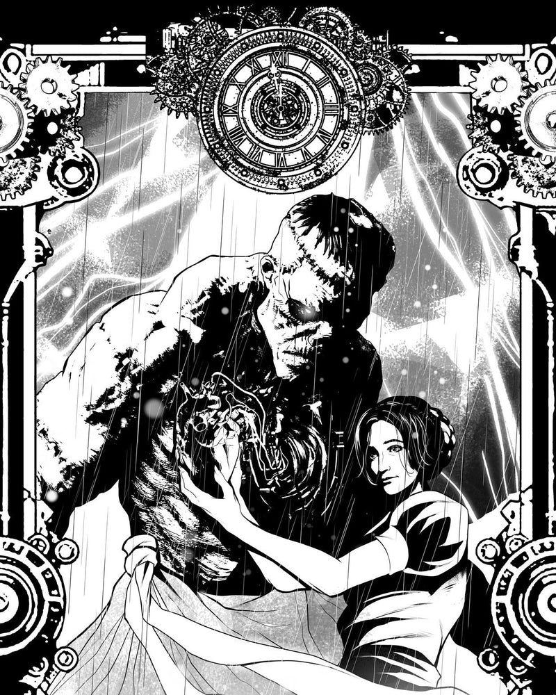 Frankenstein Creature art print by Pasquale Qualano – clockwork frame, storm and lightning, black and white gothic illustration