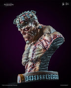 Frankenstein Creature bust, cage head, three-quarter left view with stitched shoulder and cameo base
