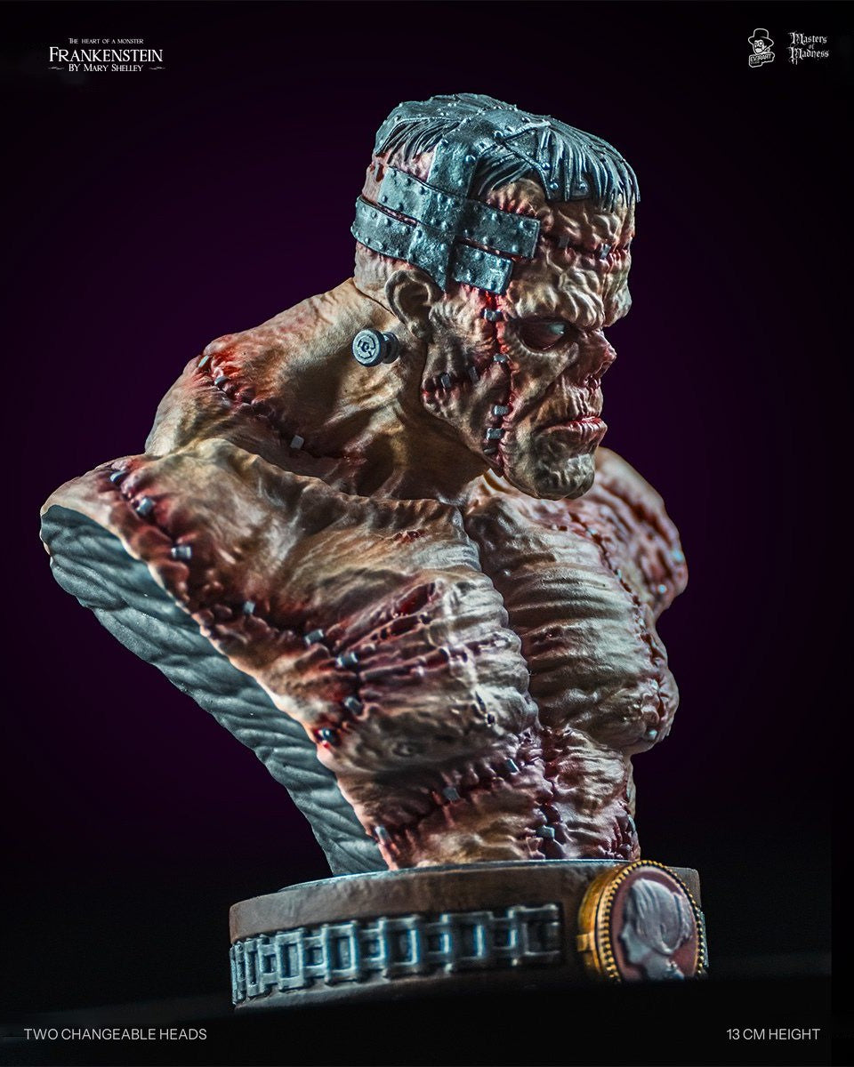 Frankenstein Creature bust, grey-haired head, three-quarter right view with cameo on chain-banded base