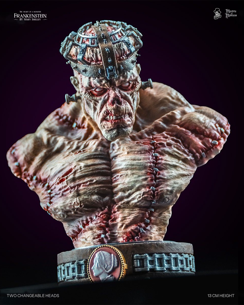 Frankenstein Creature bust with metal cage head and exposed brain, front view | Studio Everart