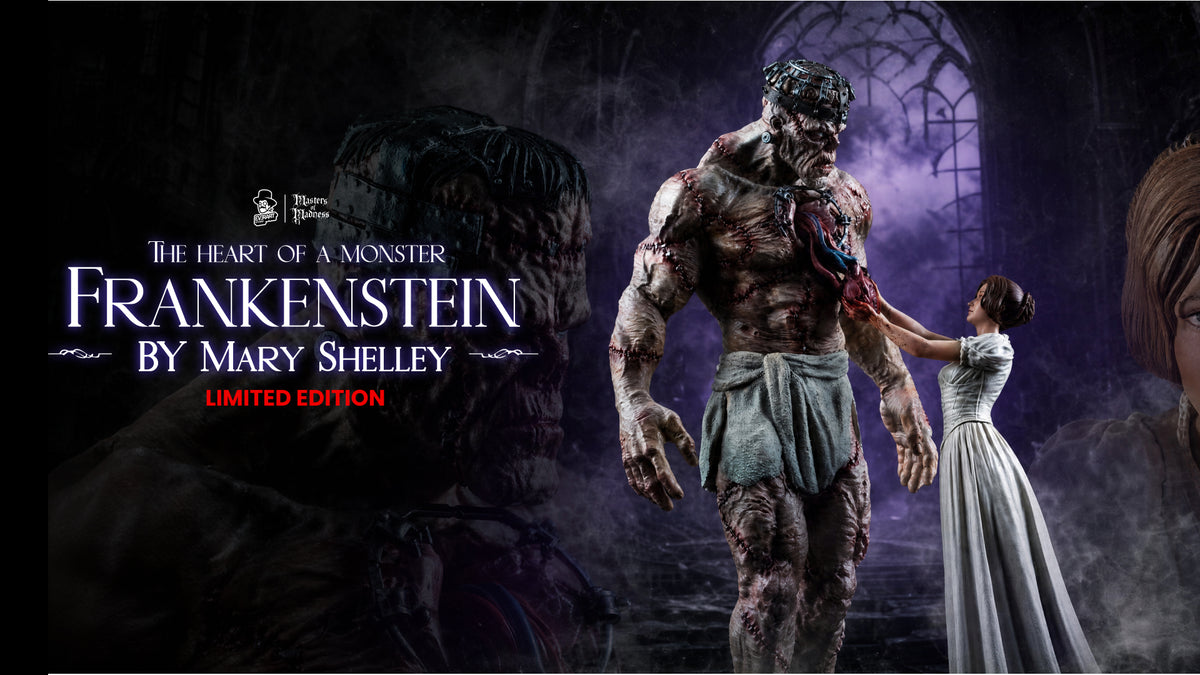 Frankenstein by Mary Shelley, The Heart of a Monster: limited edition hand-painted collectible statue of the Creature and Mary Shelley in a gothic hall, Masters of Madness by Studio Everart