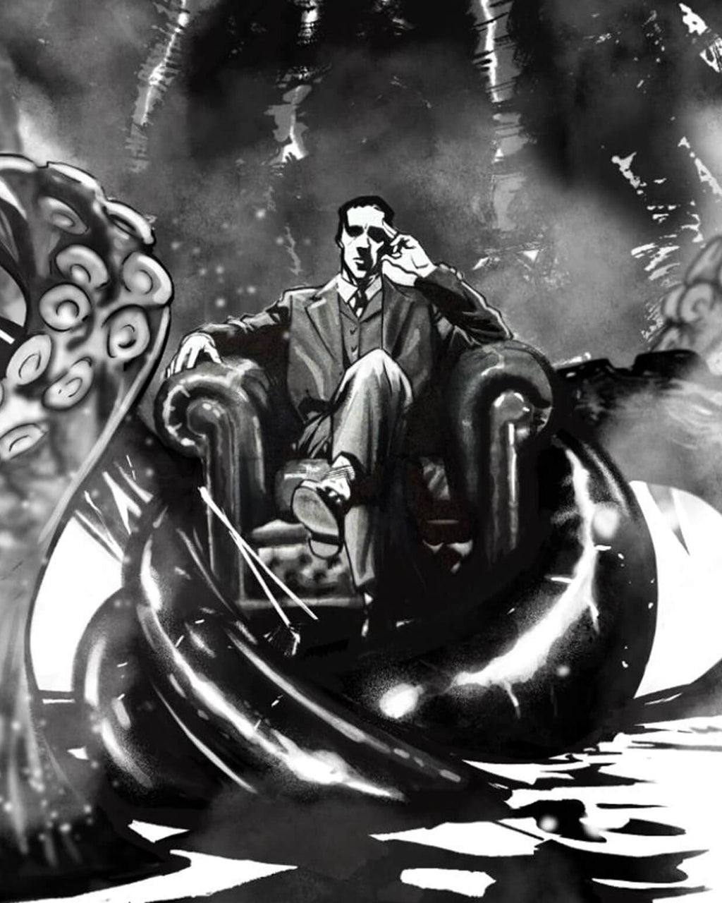 H.P. Lovecraft art print by Francesco Manna – Lovecraft seated in an armchair among Cthulhu tentacles, black and white artwork