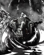 H.P. Lovecraft art print by Francesco Manna – Lovecraft seated in an armchair among Cthulhu tentacles, black and white artwork