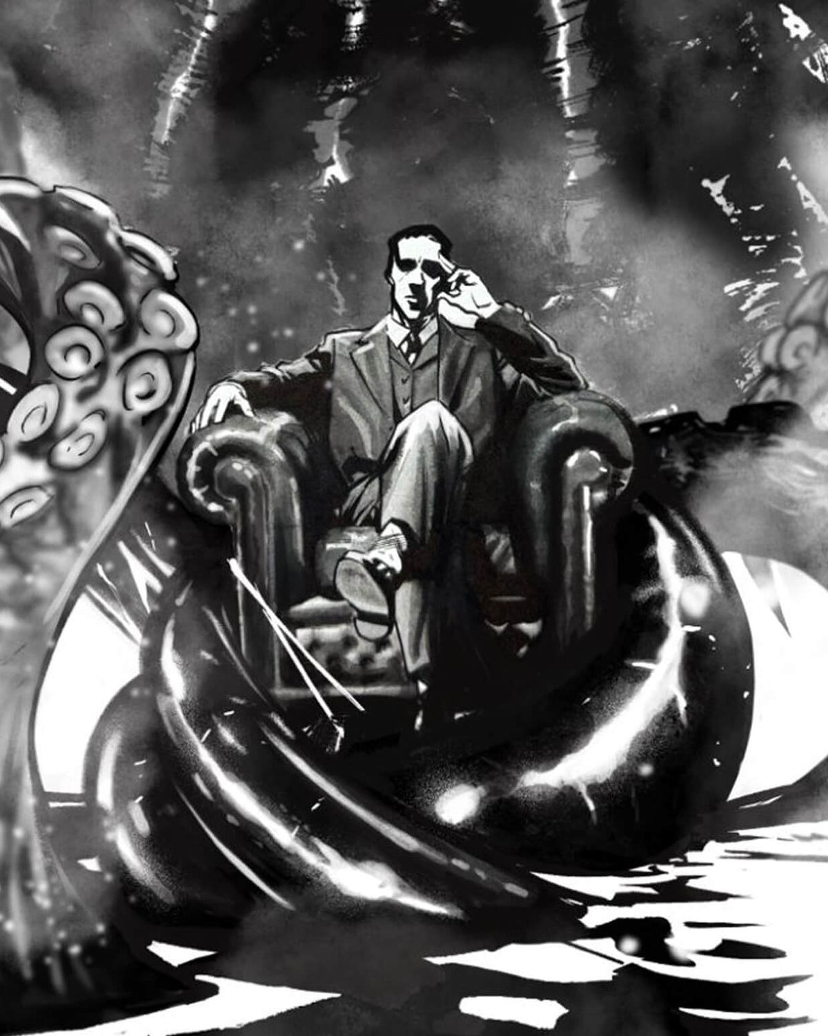 H.P. Lovecraft art print by Francesco Manna – Lovecraft seated in an armchair among Cthulhu tentacles, black and white artwork
