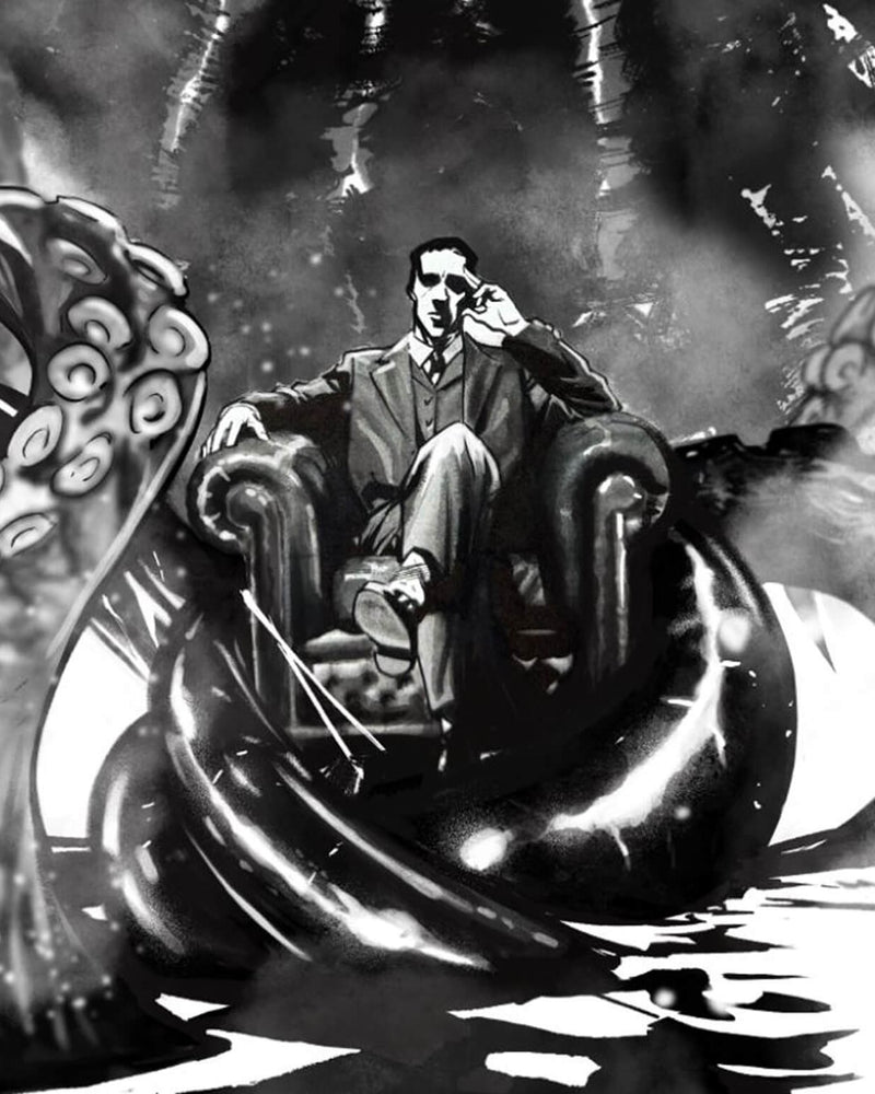 H.P. Lovecraft art print by Francesco Manna – Lovecraft seated in an armchair among Cthulhu tentacles, black and white artwork