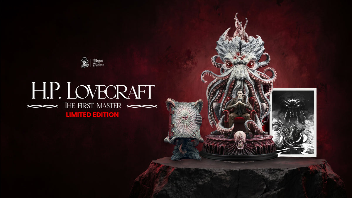 H.P. Lovecraft, The First Master: limited edition hand-painted collectible statue of Lovecraft enthroned beneath Cthulhu, with the Necronomicon and art print, Masters of Madness by Studio Everart