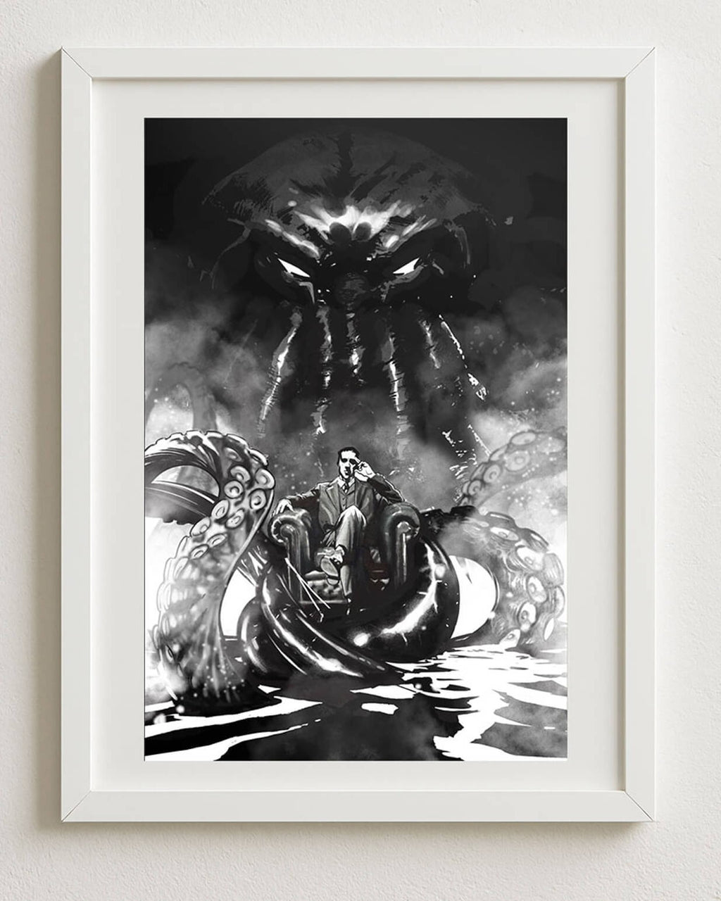 Lovecraft art print 30×40 cm by Francesco Manna – Cthulhu rising behind H.P. Lovecraft, shown framed | Studio Everart