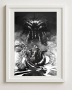 Lovecraft art print 30×40 cm by Francesco Manna – Cthulhu rising behind H.P. Lovecraft, shown framed | Studio Everart