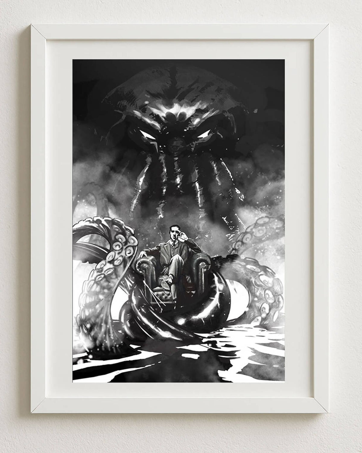 Lovecraft art print 30×40 cm by Francesco Manna – Cthulhu rising behind H.P. Lovecraft, shown framed | Studio Everart
