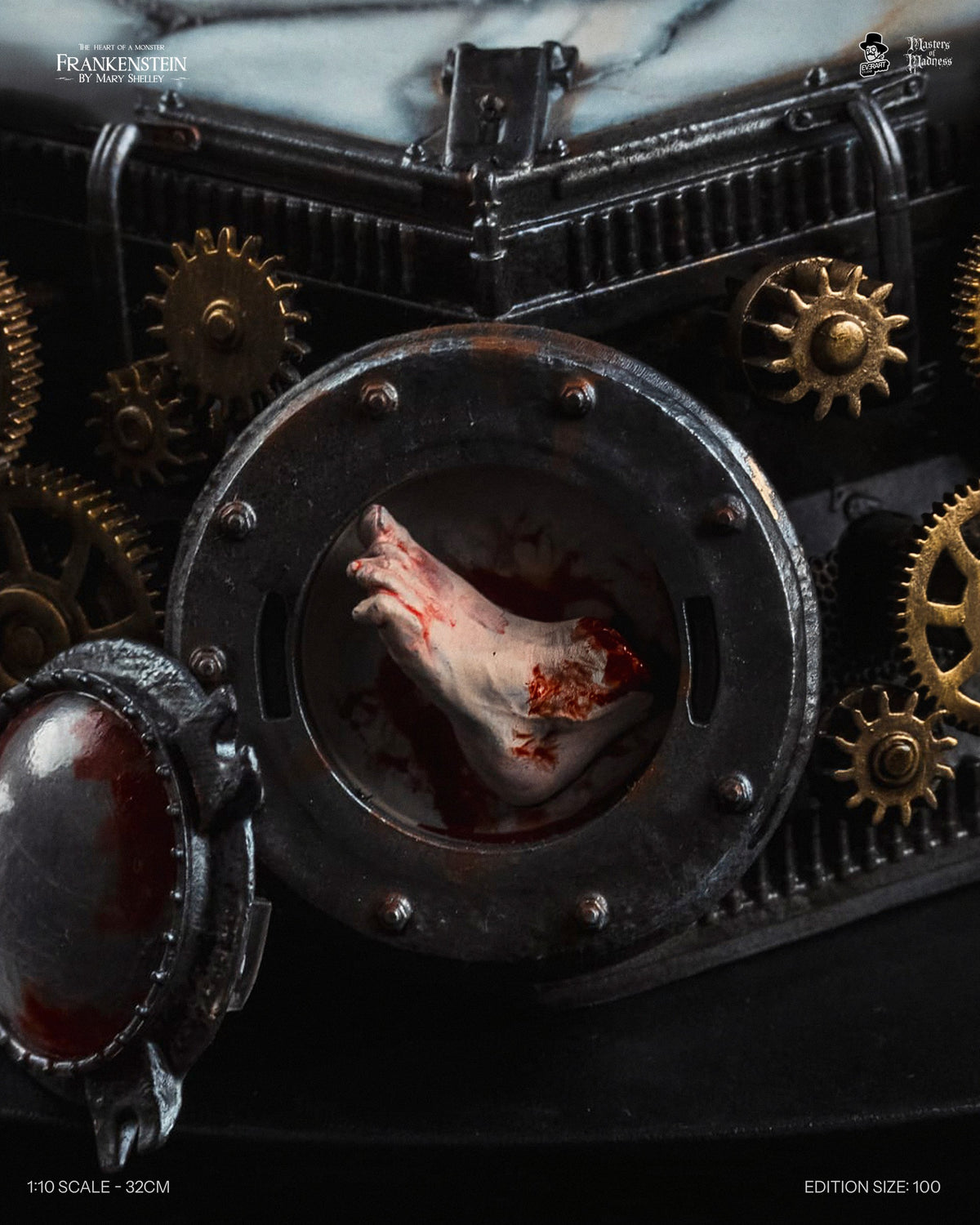 Steampunk base detail with severed hand relic, Frankenstein Creators Edition statue